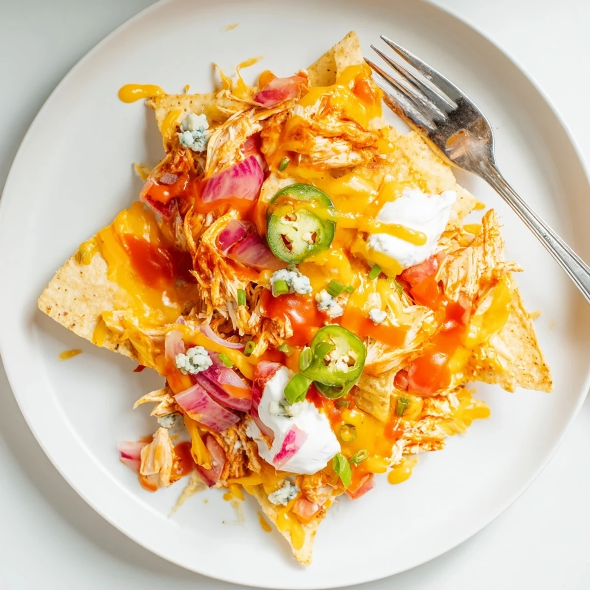Buffalo Chicken Nachos piled hot on baking sheet, gooey cheese and bright cilantro.
