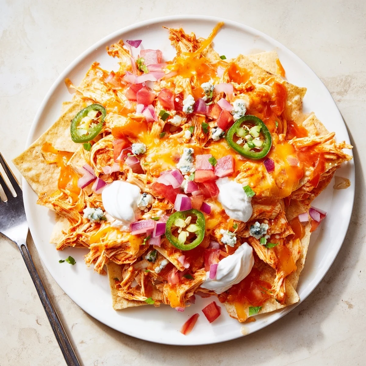 Crispy Buffalo Chicken Nachos topped with blue cheese, sour cream dollops.