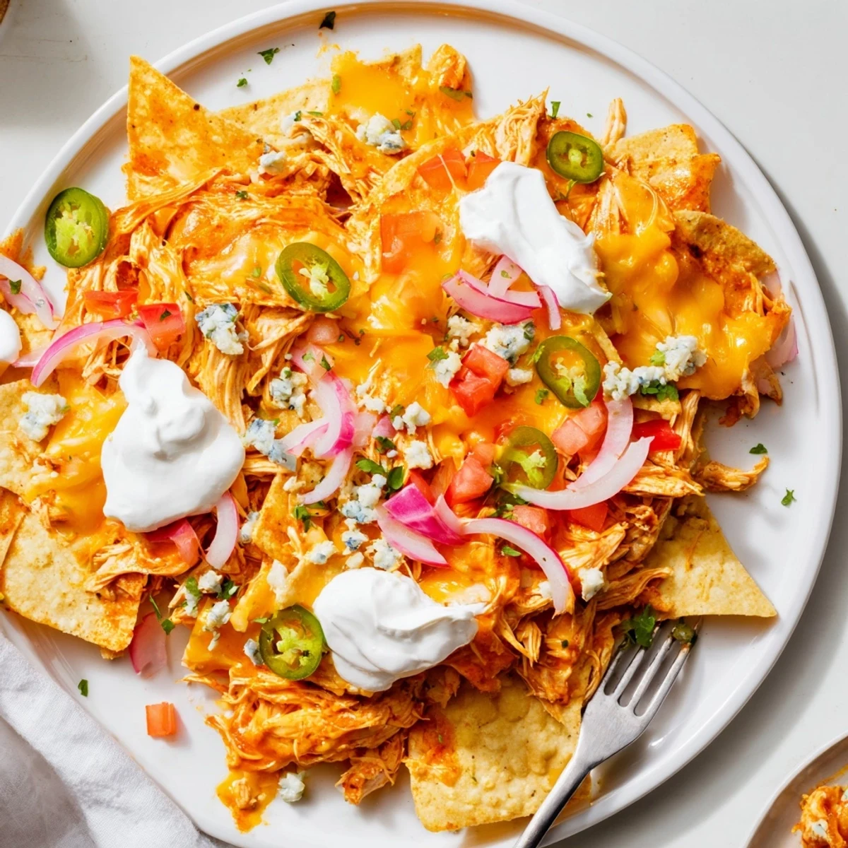 Game day Buffalo Chicken Nachos with spicy saucy chicken, jalapeños, melted cheddar.