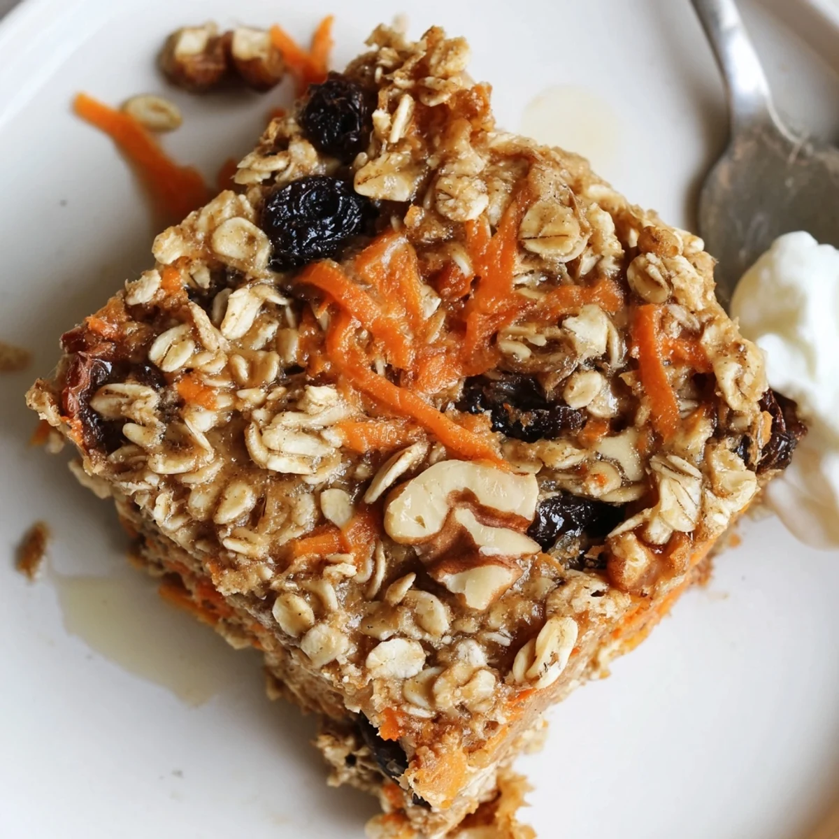 Square of Carrot Cake Baked Oatmeal topped with walnuts and maple drizzle