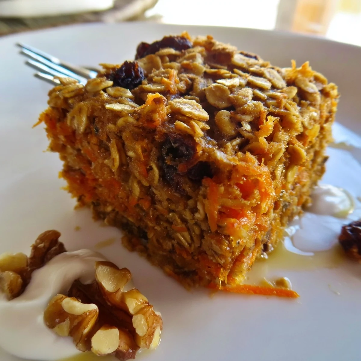 Warm Carrot Cake Baked Oatmeal, golden top with wafting cinnamon aroma, sliced