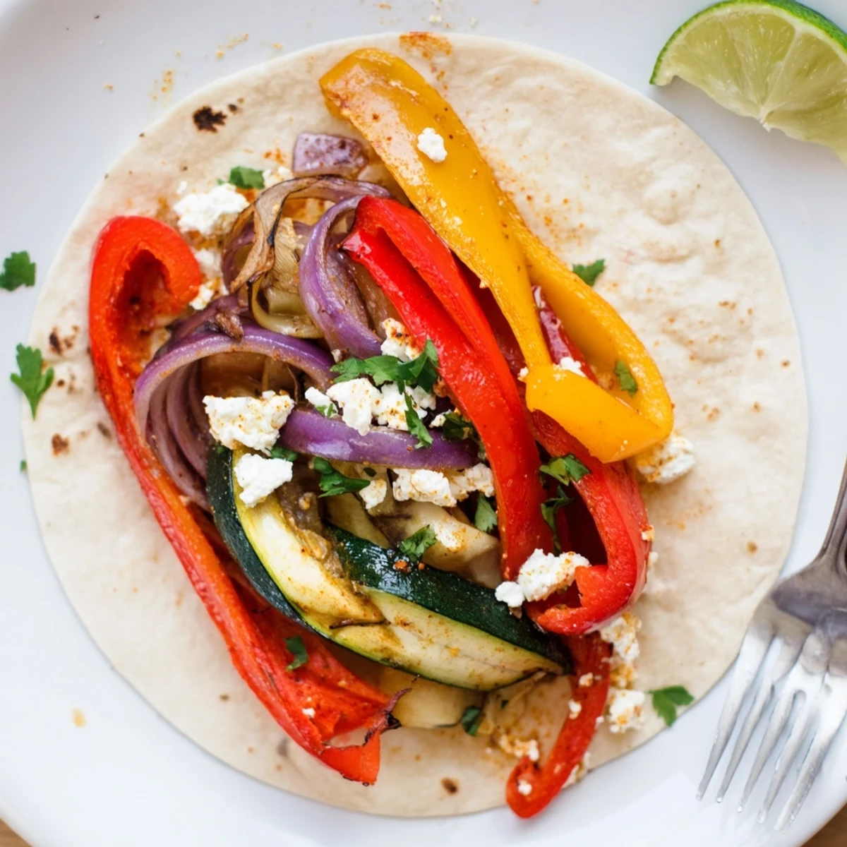 Roasted Tajin Feta Sheet Pan Fajitas piled in warm tortillas, cilantro