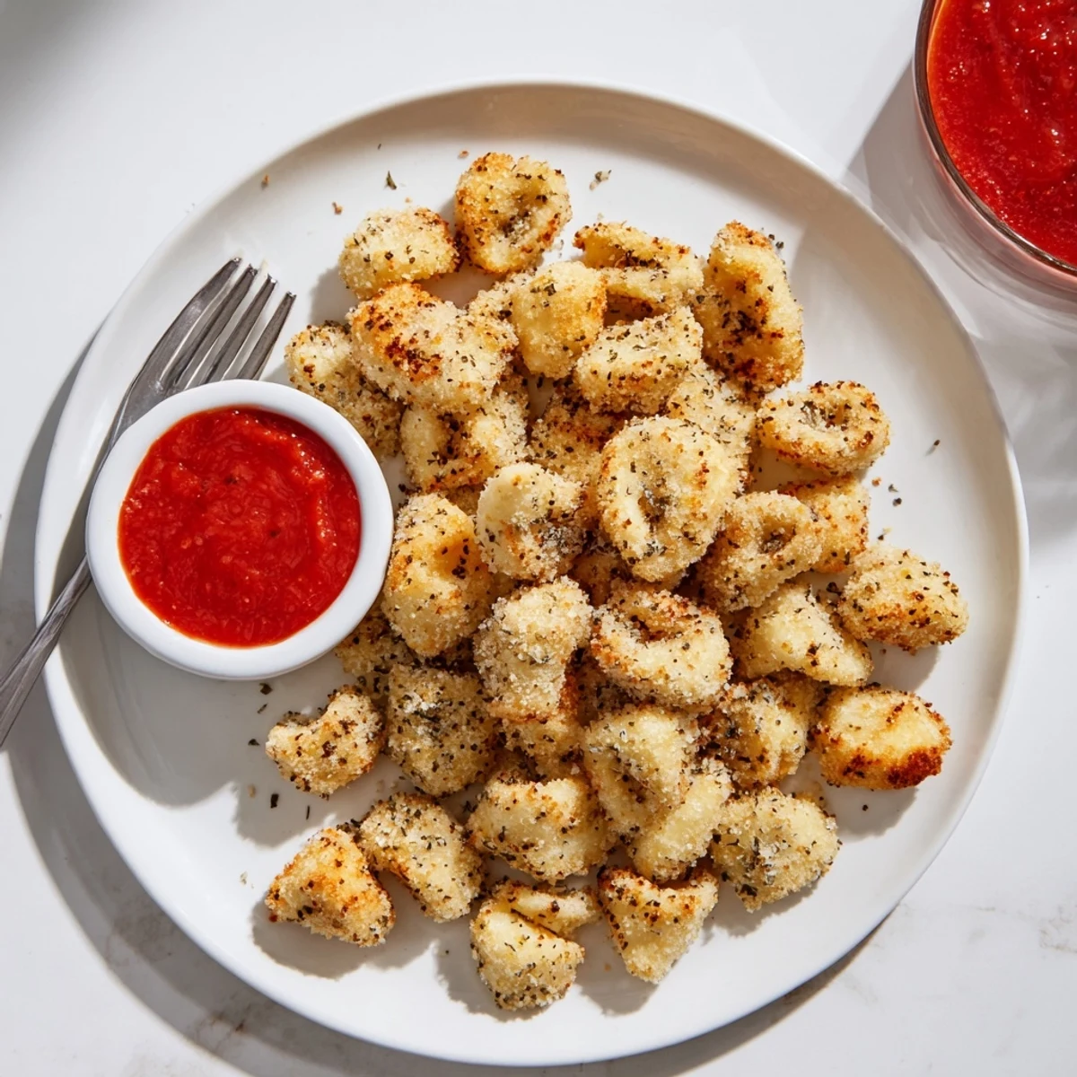 Crispy Tortellini Party Snacks Recipe: golden, crunchy bites served with warm marinara.