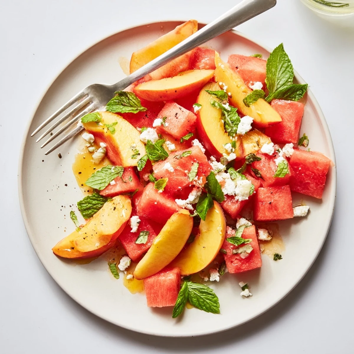 Peach Watermelon Salad With Feta glistening in bowl, juicy peaches and mint
