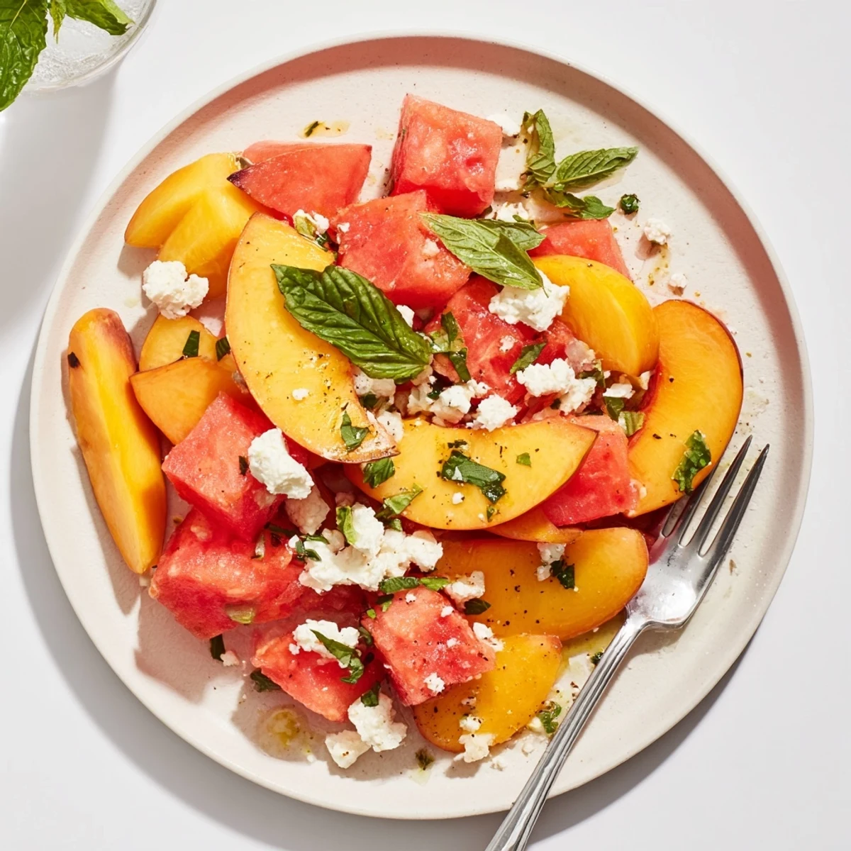 Chilled Peach Watermelon Salad With Feta tossed with lime-honey dressing, tangy and bright