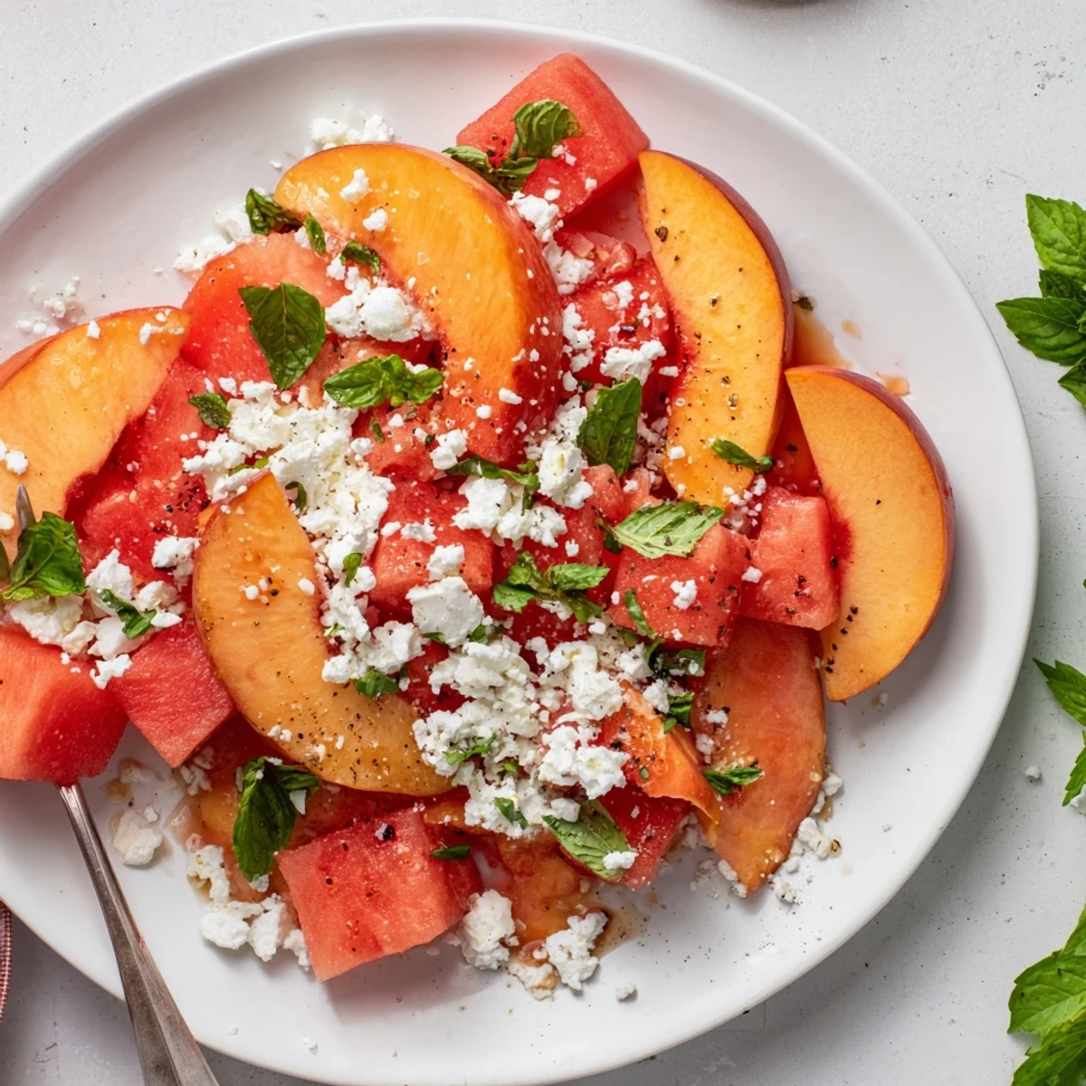Picnic-ready Peach Watermelon Salad With Feta topped with crumbled cheese and basil