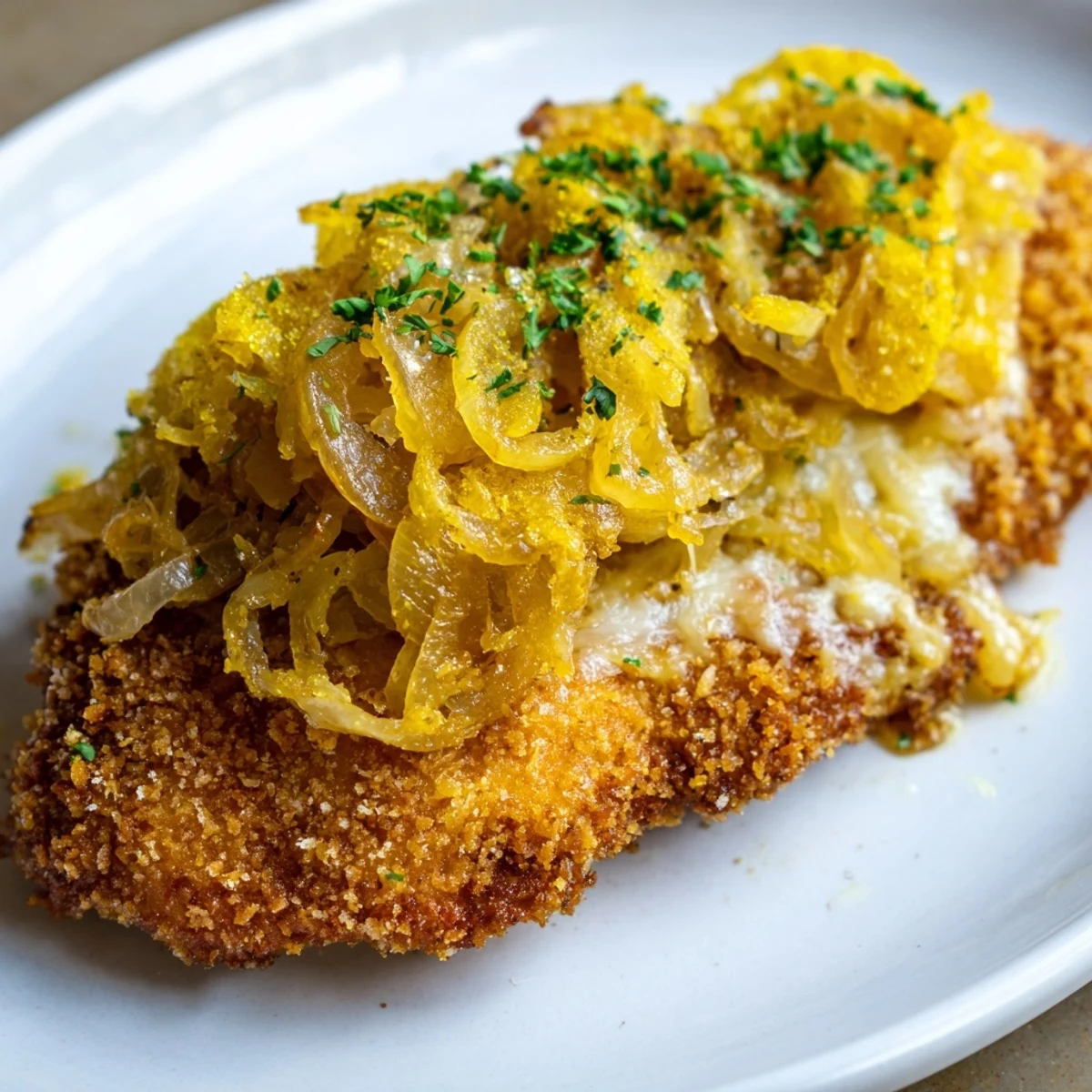 Weeknight Crispy Chicken Caramelized Onions Melted Cheese plated with parsley and crisp salad.