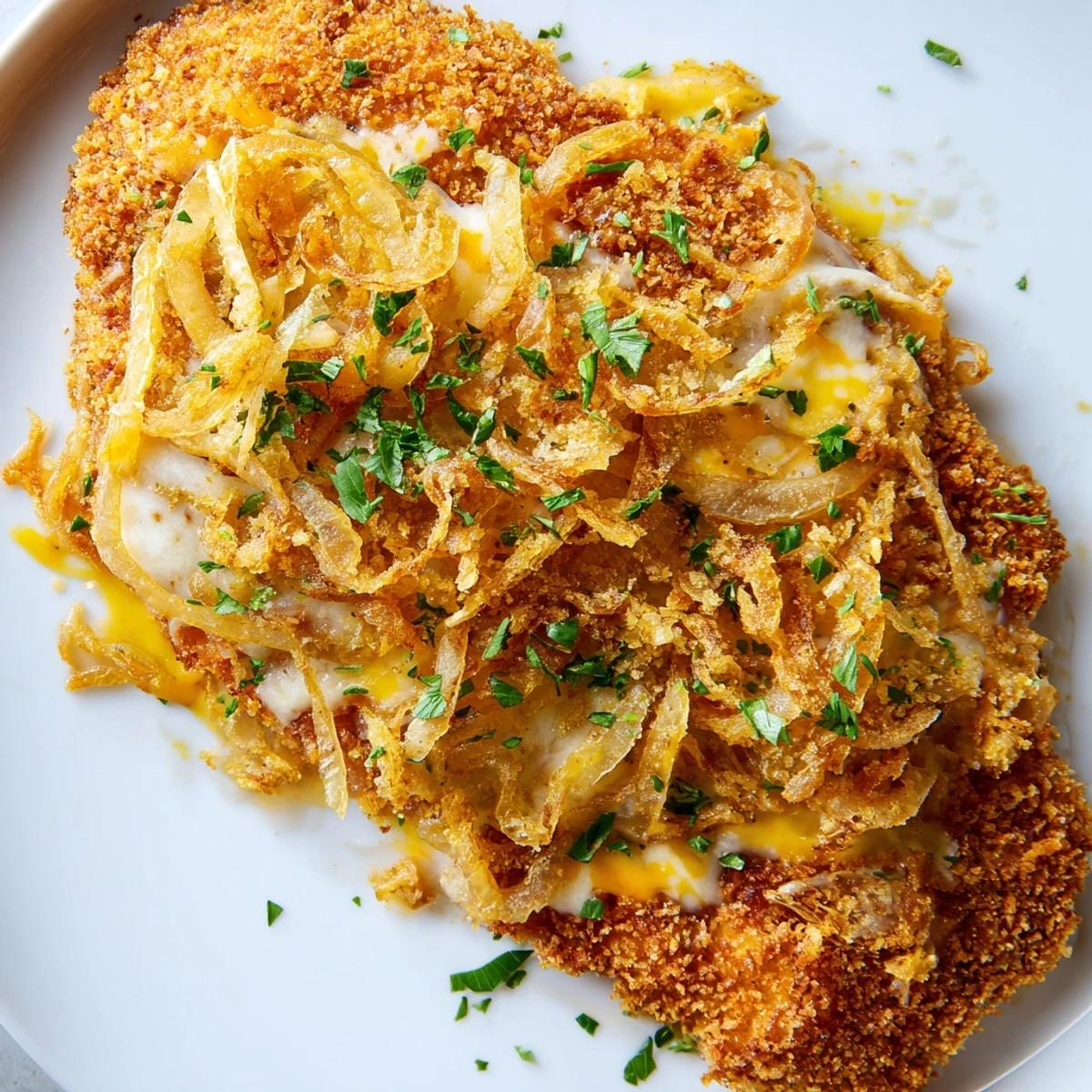 Close-up of Crispy Chicken Caramelized Onions Melted Cheese topped with buttery golden ribbons.
