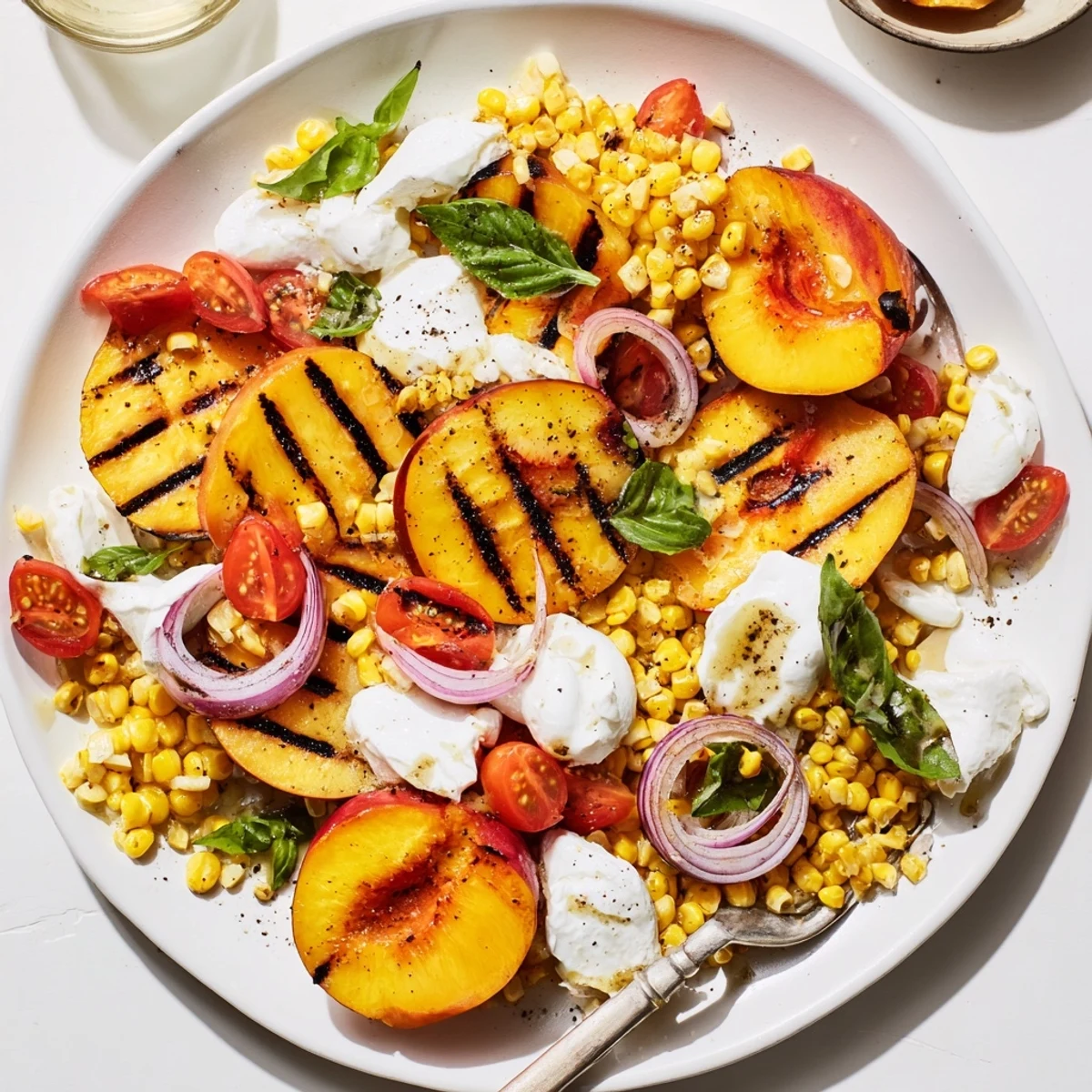 Grilled Peach Corn Salad with Creamy Cheese glistening with charred peaches and basil
