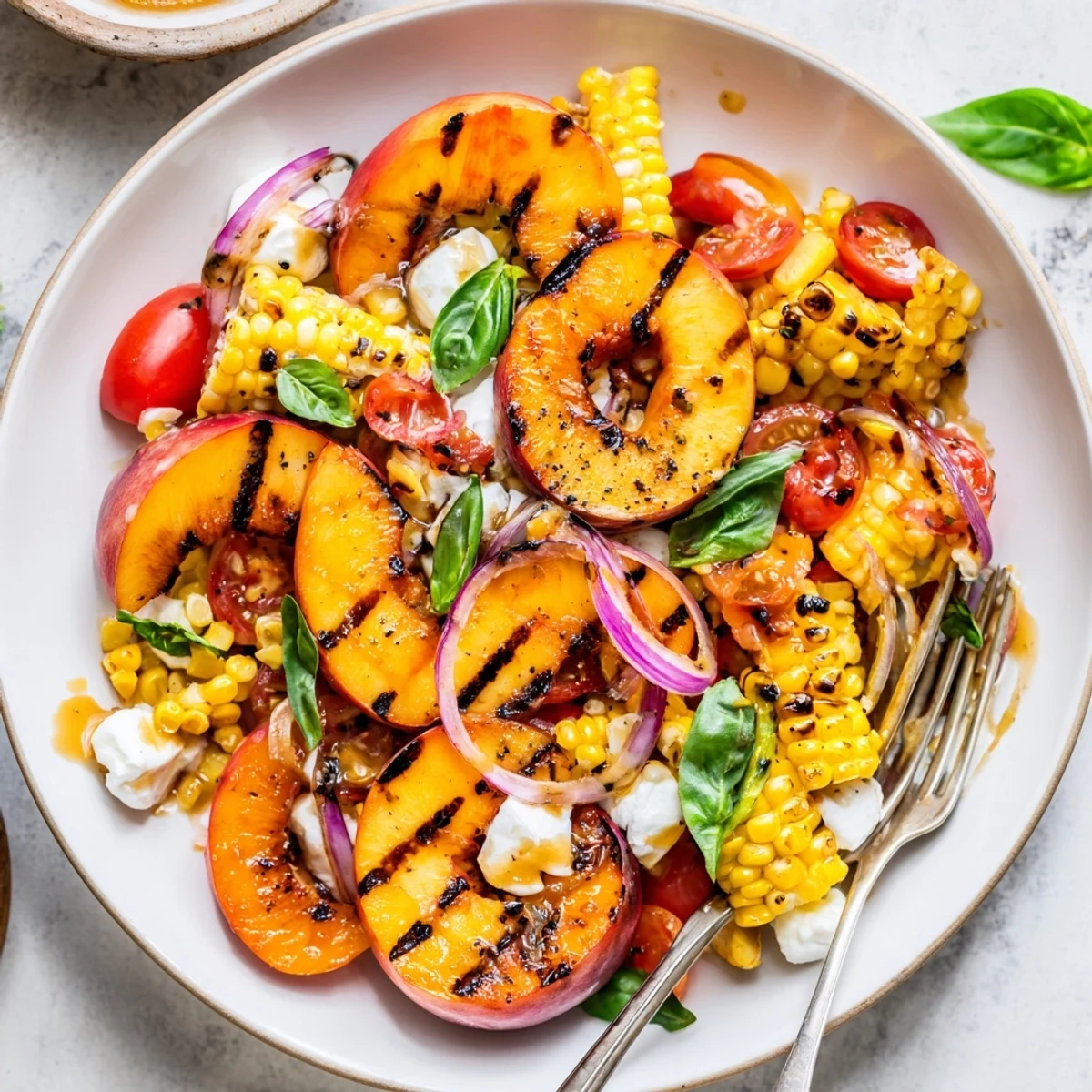 Sliced grilled peaches and sweet kernels in Grilled Peach Corn Salad with Creamy Cheese