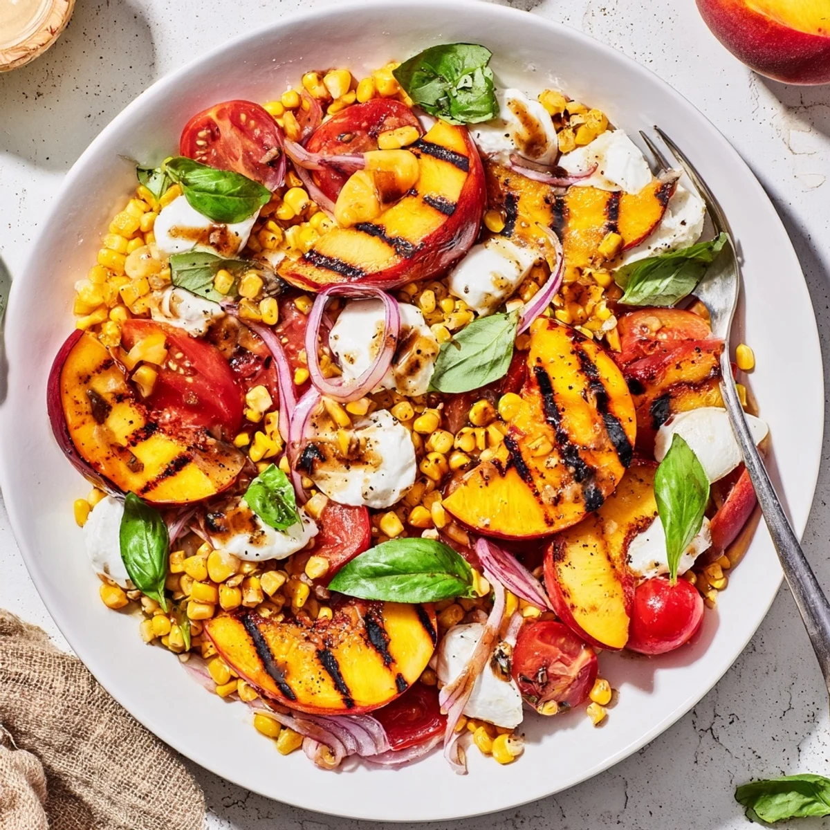 Summer-ready Grilled Peach Corn Salad with Creamy Cheese served with chilled Sauvignon Blanc