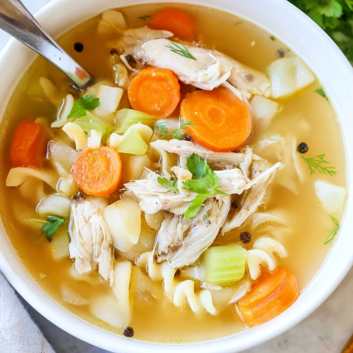 Hearty Chicken Soup steaming in bowl with tender meat and vegetables