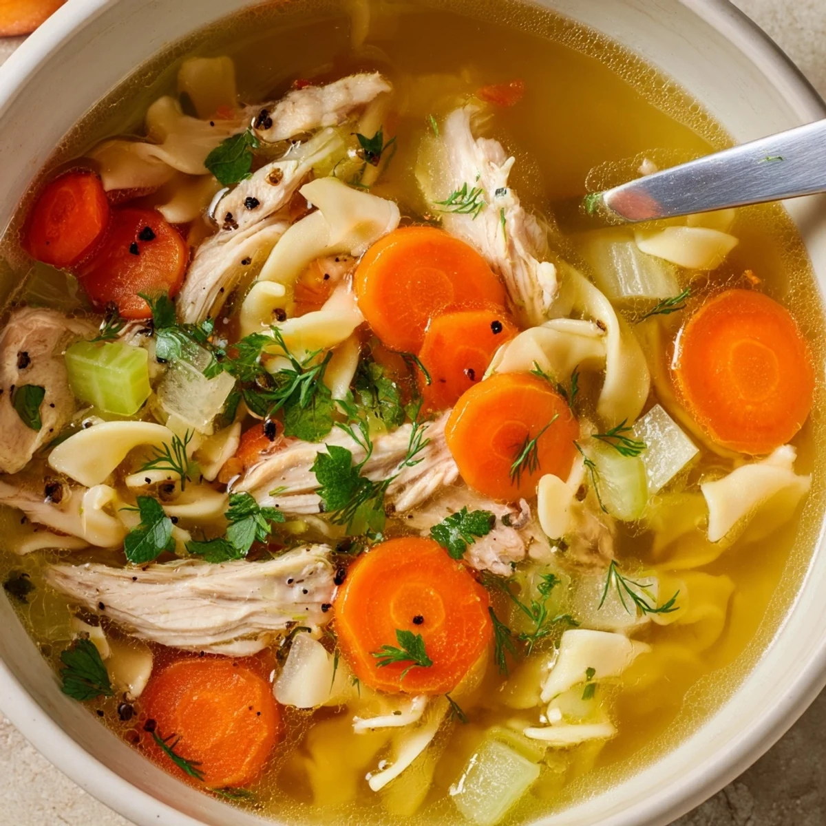 Comforting Chicken Soup ladled into mug, savory broth, carrots and herbs