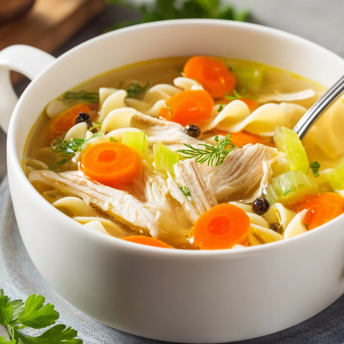 Slow-simmered Chicken Soup with shredded meat, fragrant thyme, bright parsley garnish