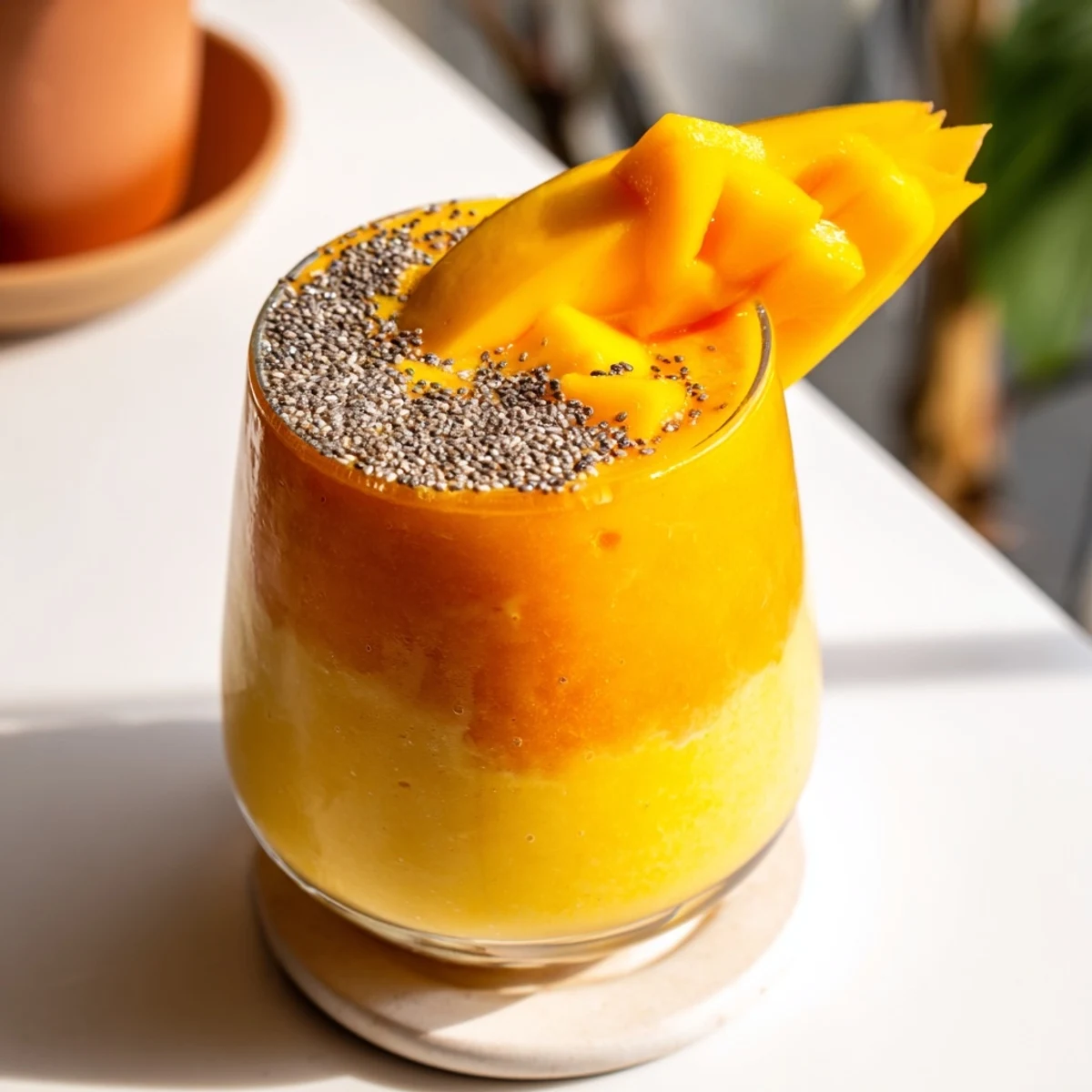 Glass of vibrant Tropical Sunrise Protein Smoothie garnished with fresh mango slice on wooden table