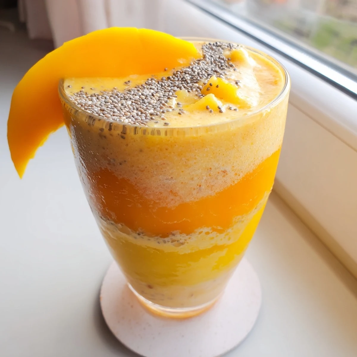 Creamy orange smoothie bowl topped with pineapple chunks, banana, and chia seeds in bright sunlight