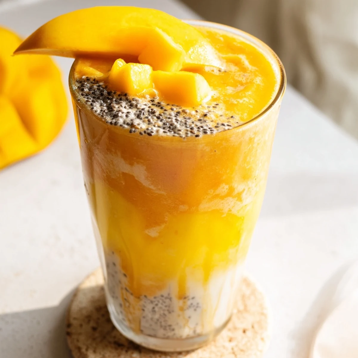 Thick frozen mango and pineapple smoothie poured into tall glass with fruit garnish on coaster