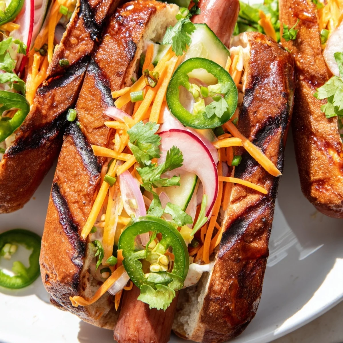 Grilled Spicy Firecracker Hot Dogs topped with cheddar cheese, jalapeños, and fresh vegetables on toasted buns