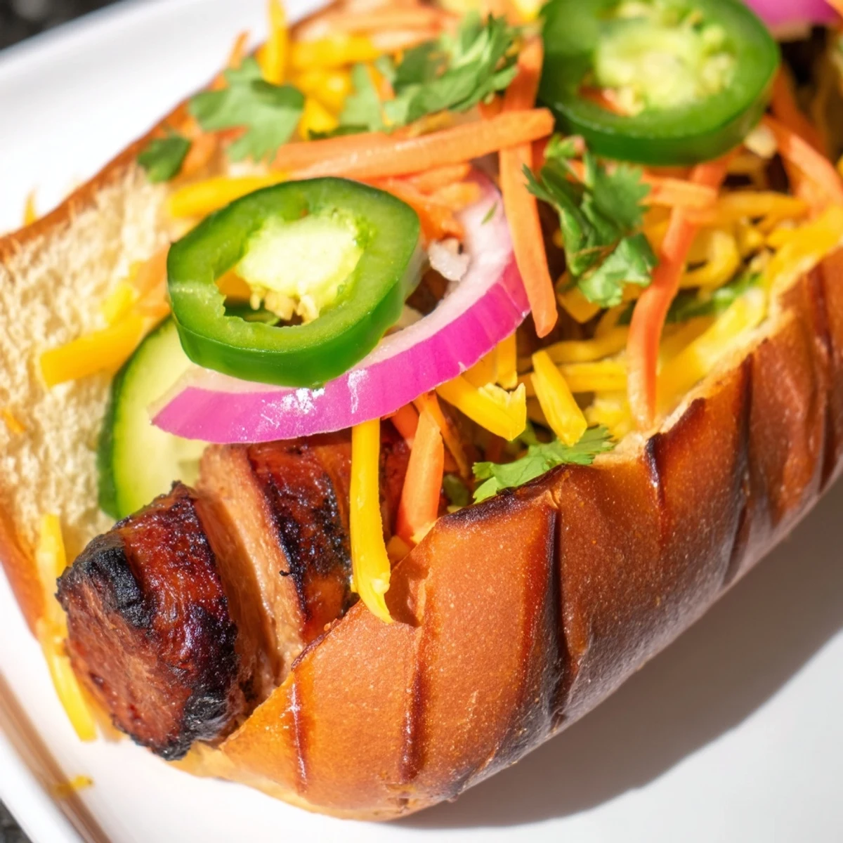 Spicy Firecracker Hot Dogs glazed with chili honey marinade and garnished with crunchy julienned carrots and cilantro
