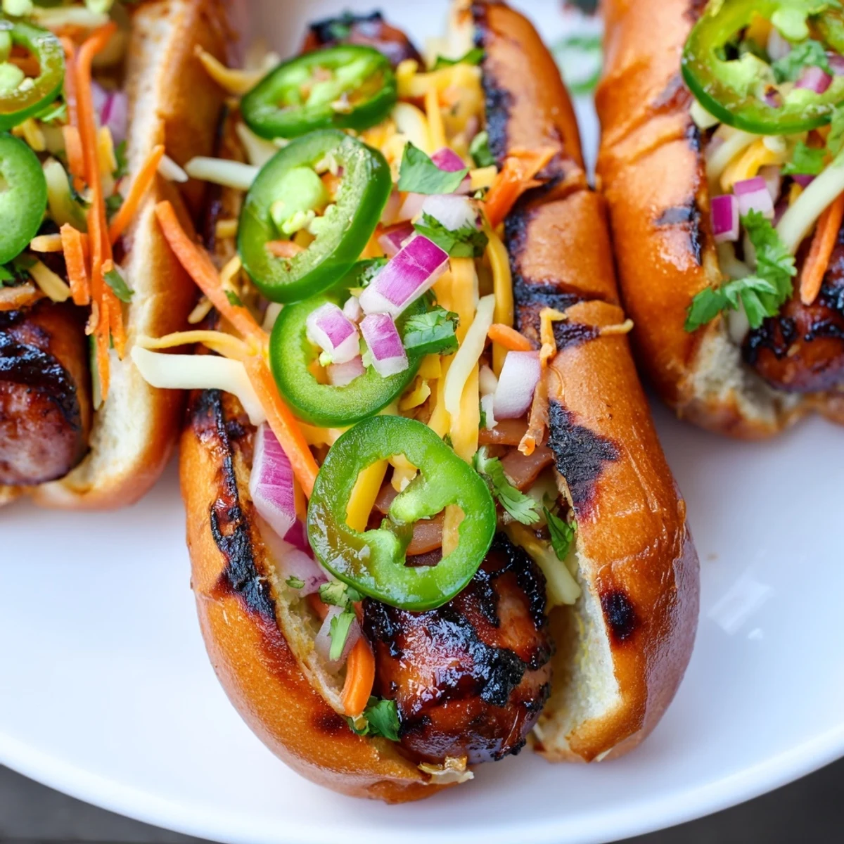 Toasted bun loaded with Spicy Firecracker Hot Dogs featuring melted cheese, pickled peppers, and crisp red onion