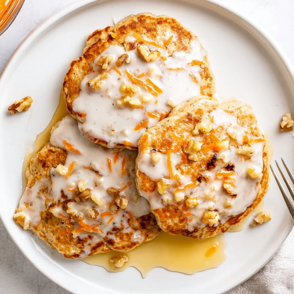Warm spiced carrot cake pancakes on a plate with fresh orange zest and chopped walnuts