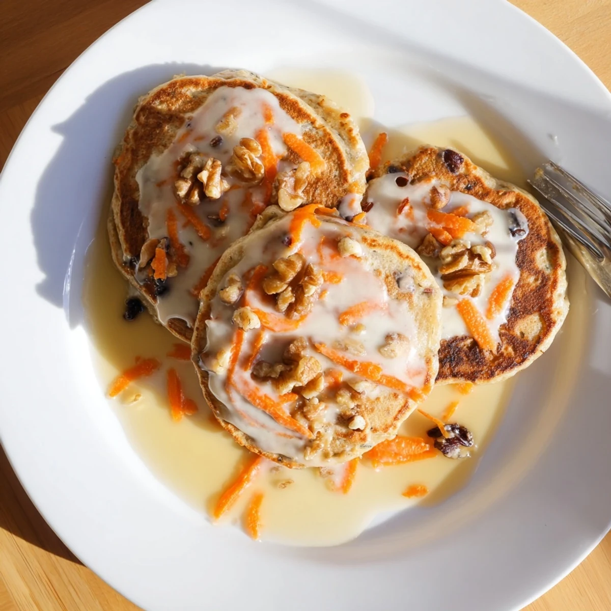 Golden brown carrot cake pancakes stacked high with cream cheese glaze and grated carrots