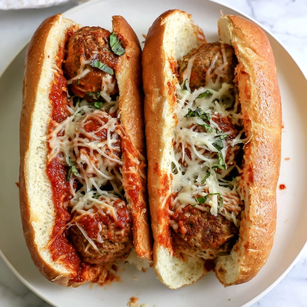 Golden toasted sub roll piled with three beef meatballs in rich marinara sauce beneath melted mozzarella cheese