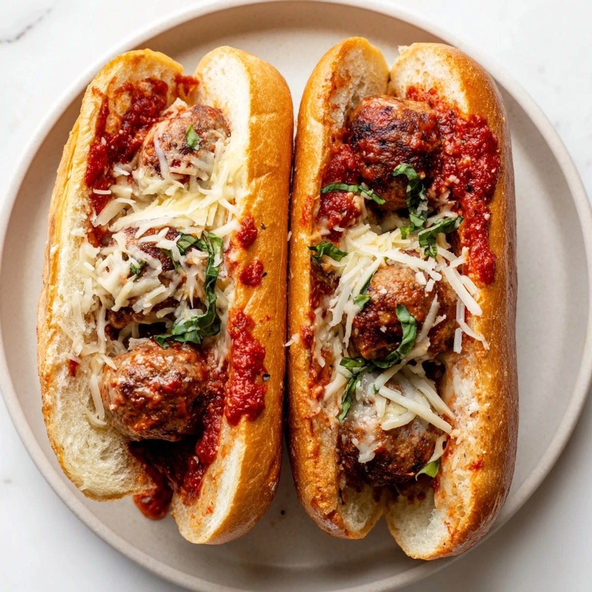 Comfort food sandwich of tender cheesy meatball subs with garlic buttered rolls and bubbling cheese topping
