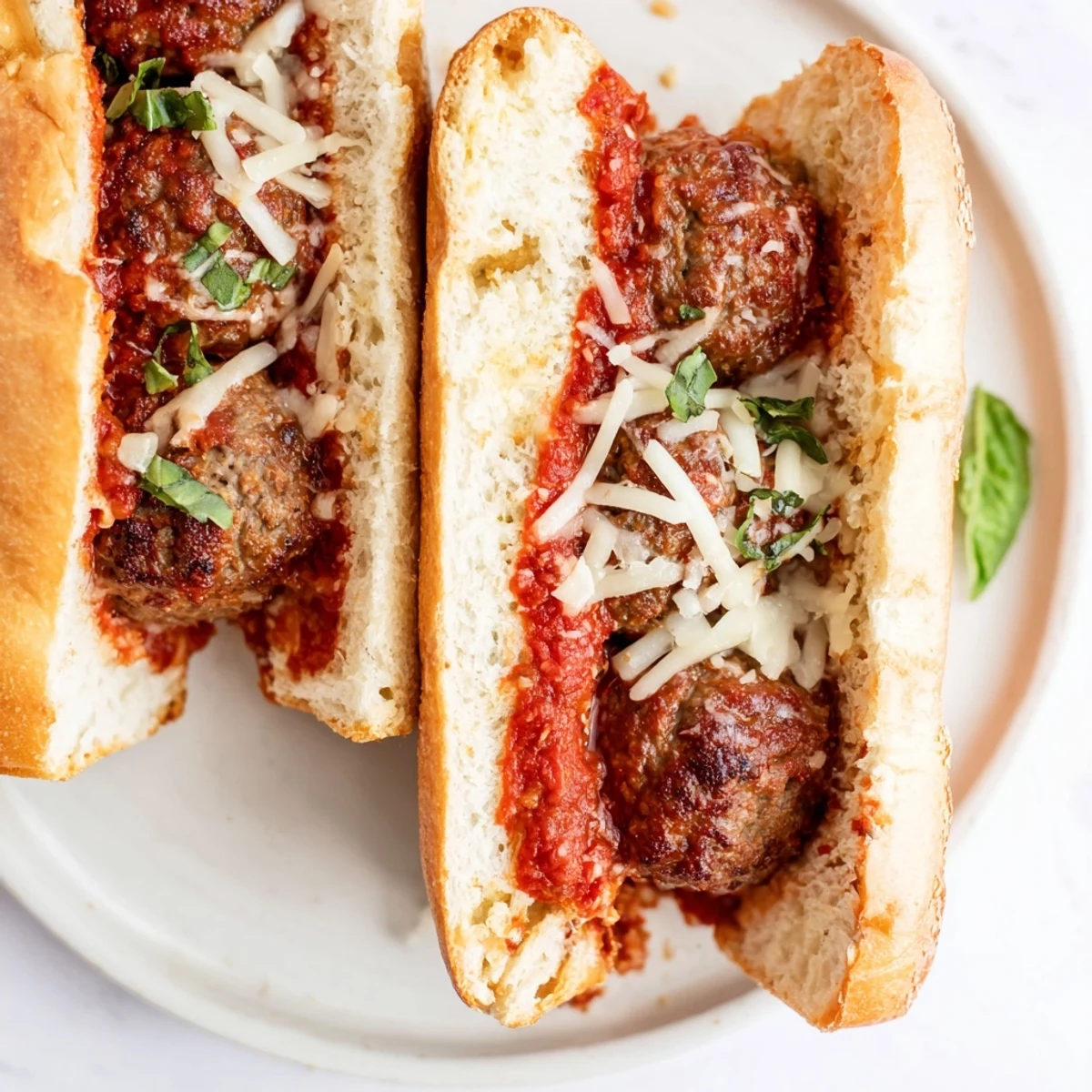 Meaty Italian-American sandwich featuring juicy beef meatballs smothered in red sauce and oozing melted cheese