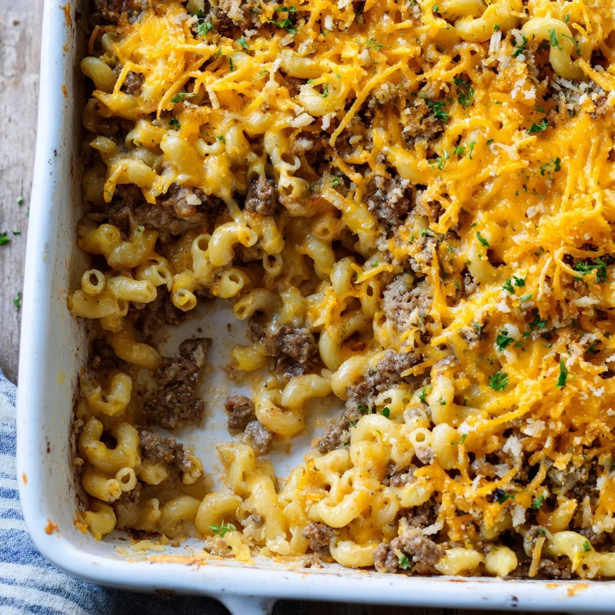 Golden baked mac and cheese meatloaf casserole with bubbling cheesy topping and crispy breadcrumb garnish