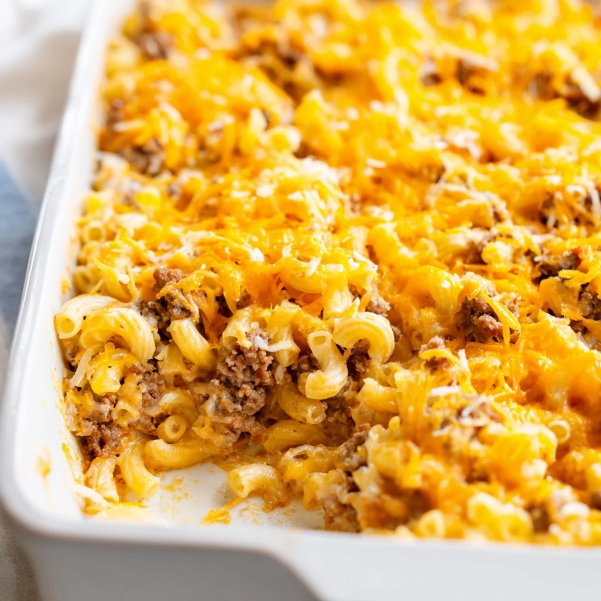 Hearty meatloaf and creamy macaroni casserole fresh from the oven with melted cheddar cheese layer