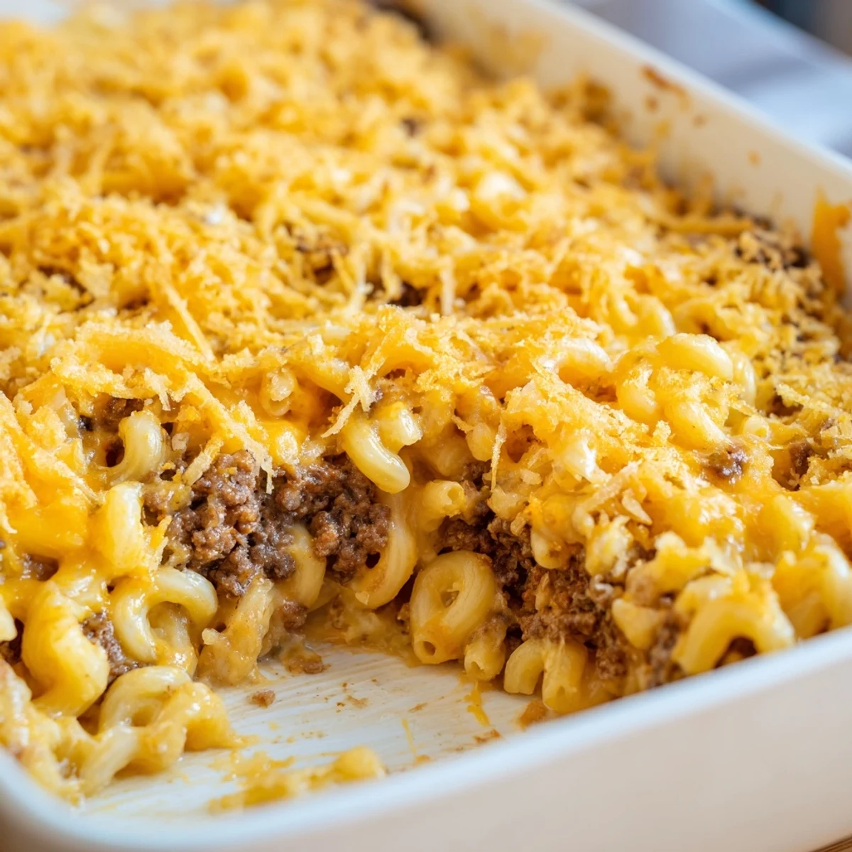 Sliced meatloaf casserole topped with cheesy macaroni and golden breadcrumbs on a white serving plate