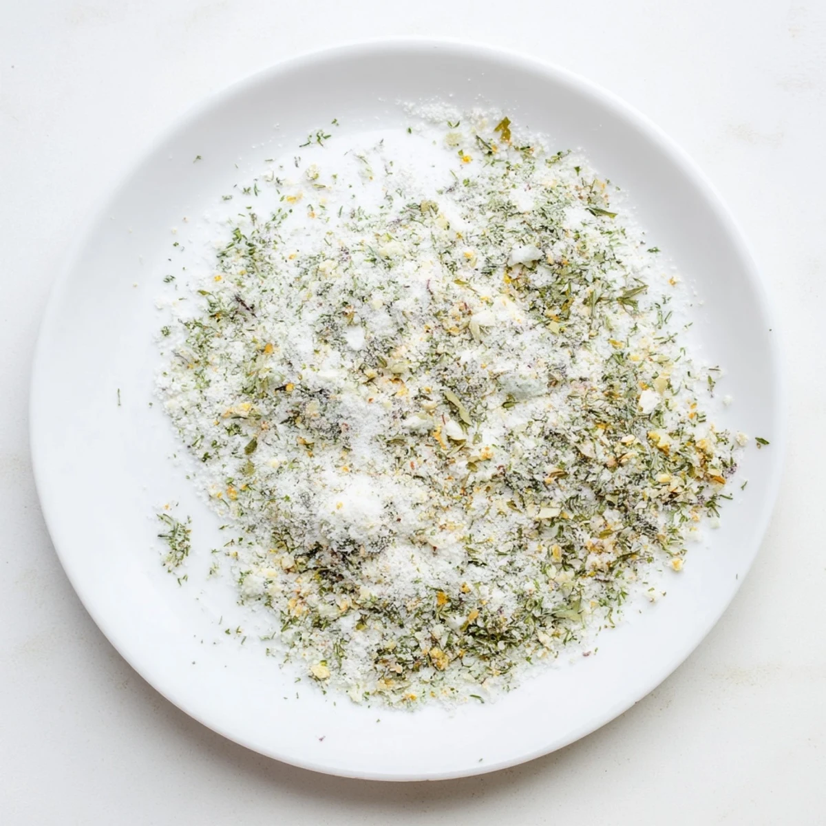 Homemade dehydrated tzatziki seasoning mix with dried dill, parsley, mint, and garlic powder in a glass spice jar