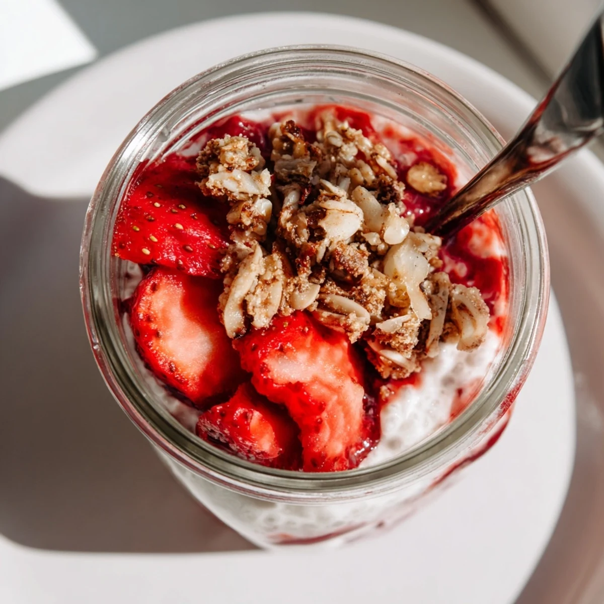 Glass jar showcasing layered strawberry crumble chia pudding with ruby red compote and golden oat topping