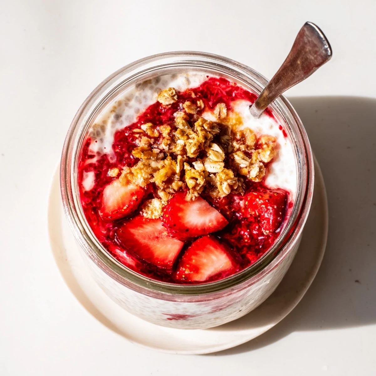 Creamy chia pudding layered with sweet strawberry compote and crunchy cinnamon oat crumble in clear glass