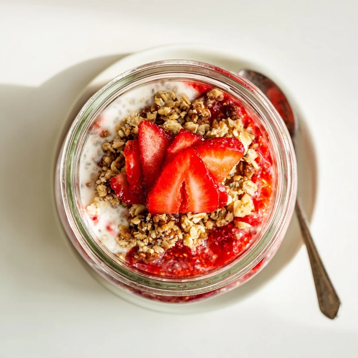 Healthy strawberry crumble chia pudding dessert topped with fresh berry slices and toasted oat almond mixture