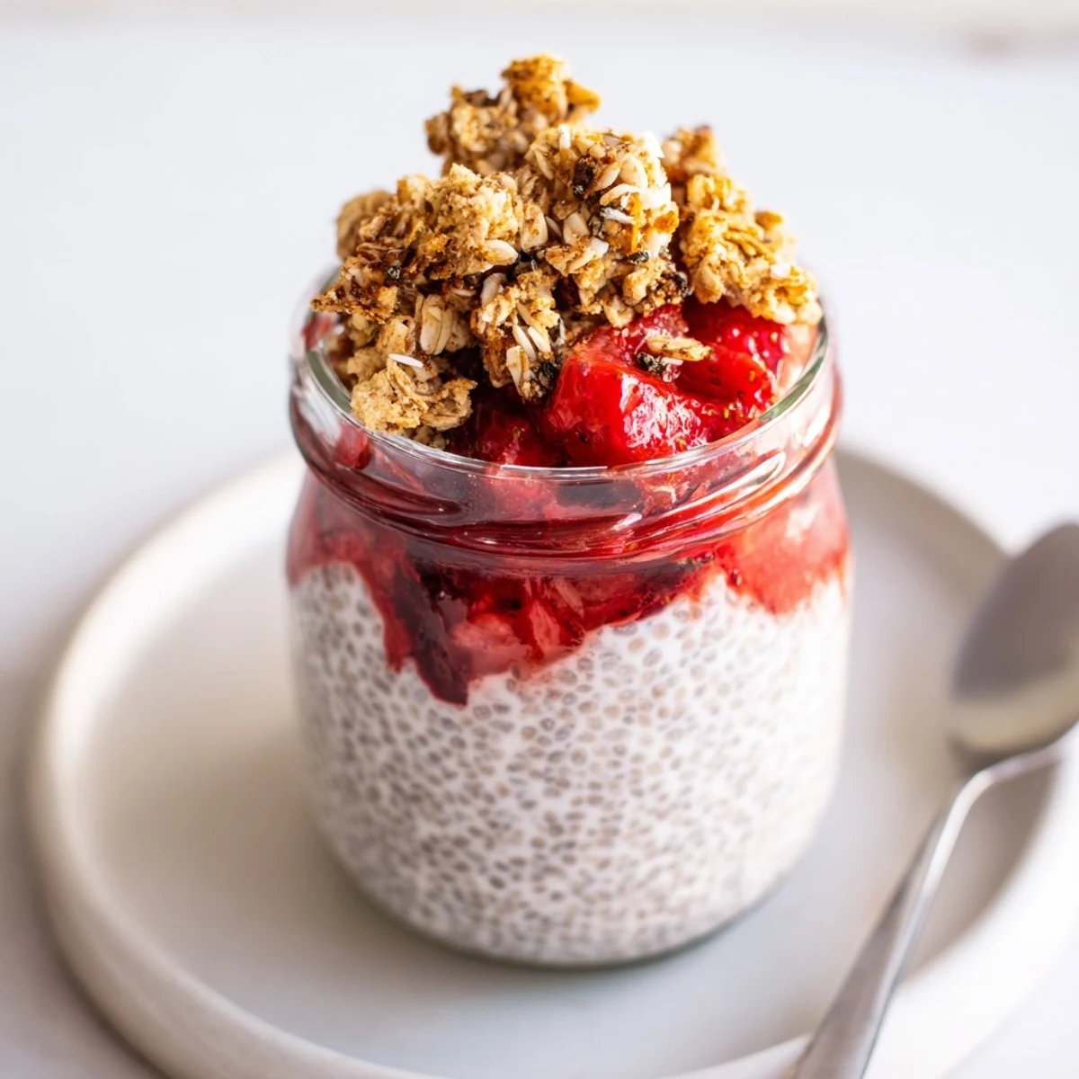 Strawberry Crumble Chia Pudding in glass jar, creamy layers and crunchy crumble