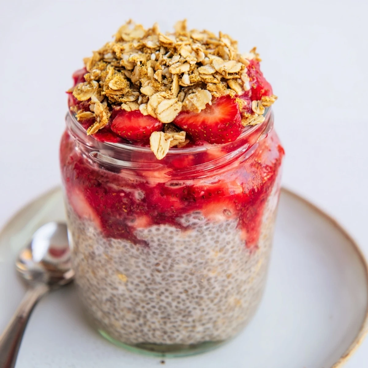 Chilled Strawberry Crumble Chia Pudding topped with bright macerated strawberries and cinnamon crumble
