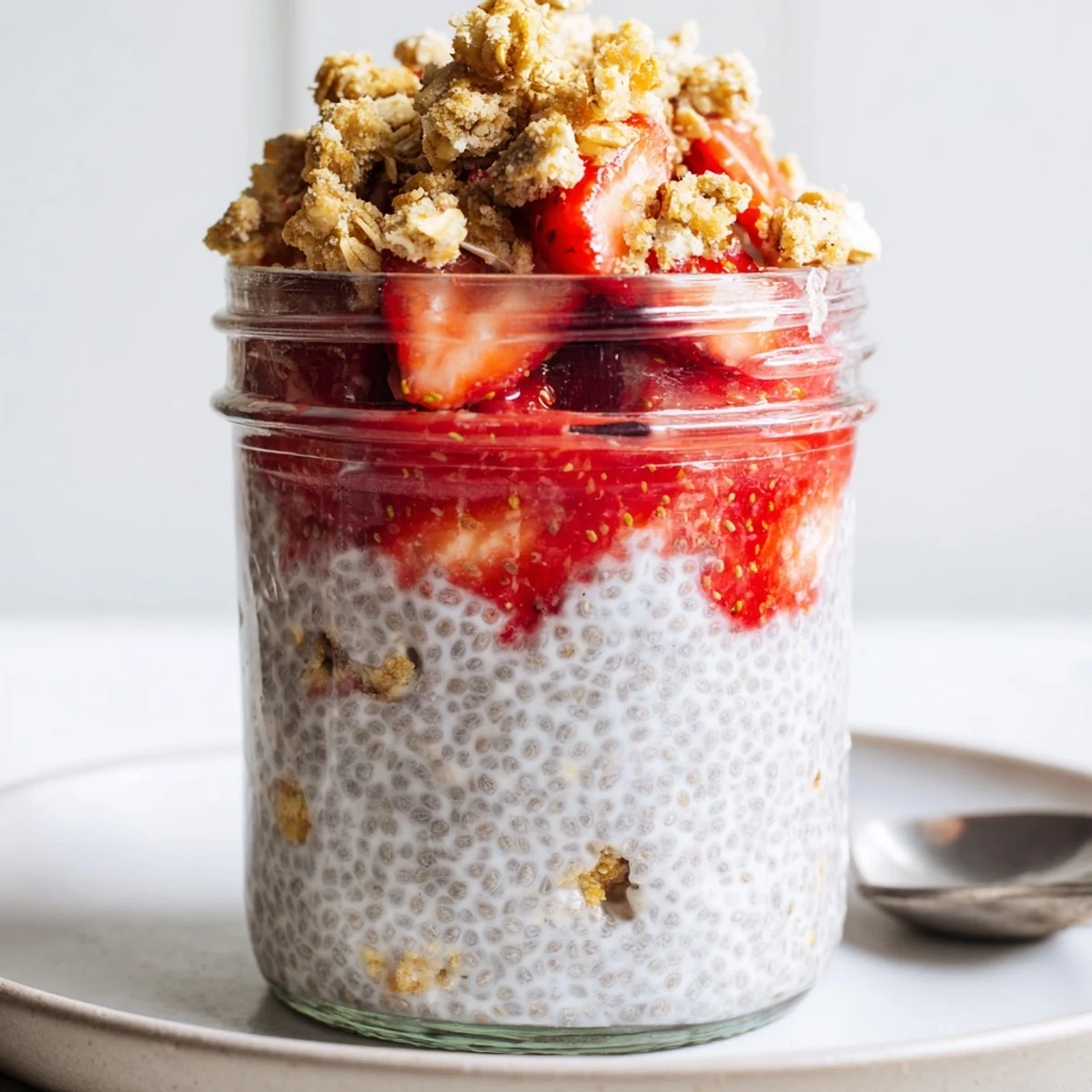 Layered Strawberry Crumble Chia Pudding served with fresh mint and a wooden spoon