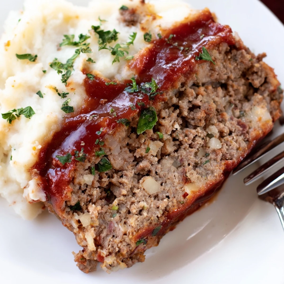 Meatloaf Casserole with golden cheddar, bubbling edges, creamy mashed potato topping.