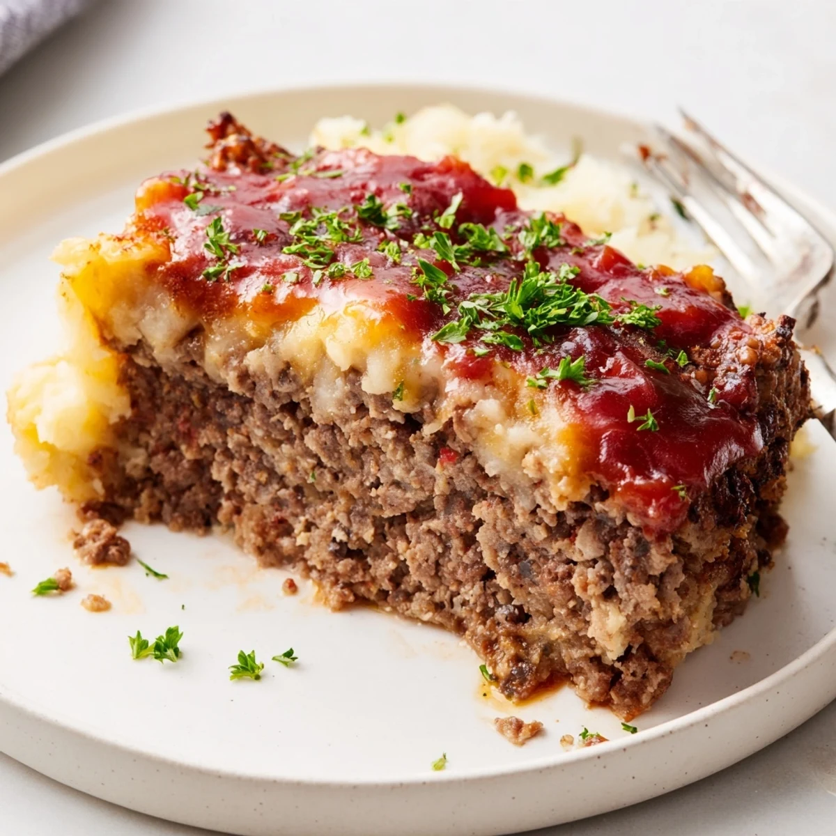 Warm Meatloaf Casserole sliced on a plate, tangy glaze and parsley.
