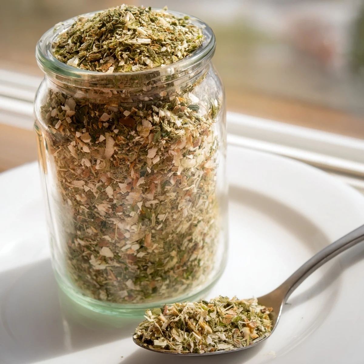 Green-flecked Dehydrated Tzatziki Seasoning Mix spooned into a glass spice jar with mint leaves scattered around