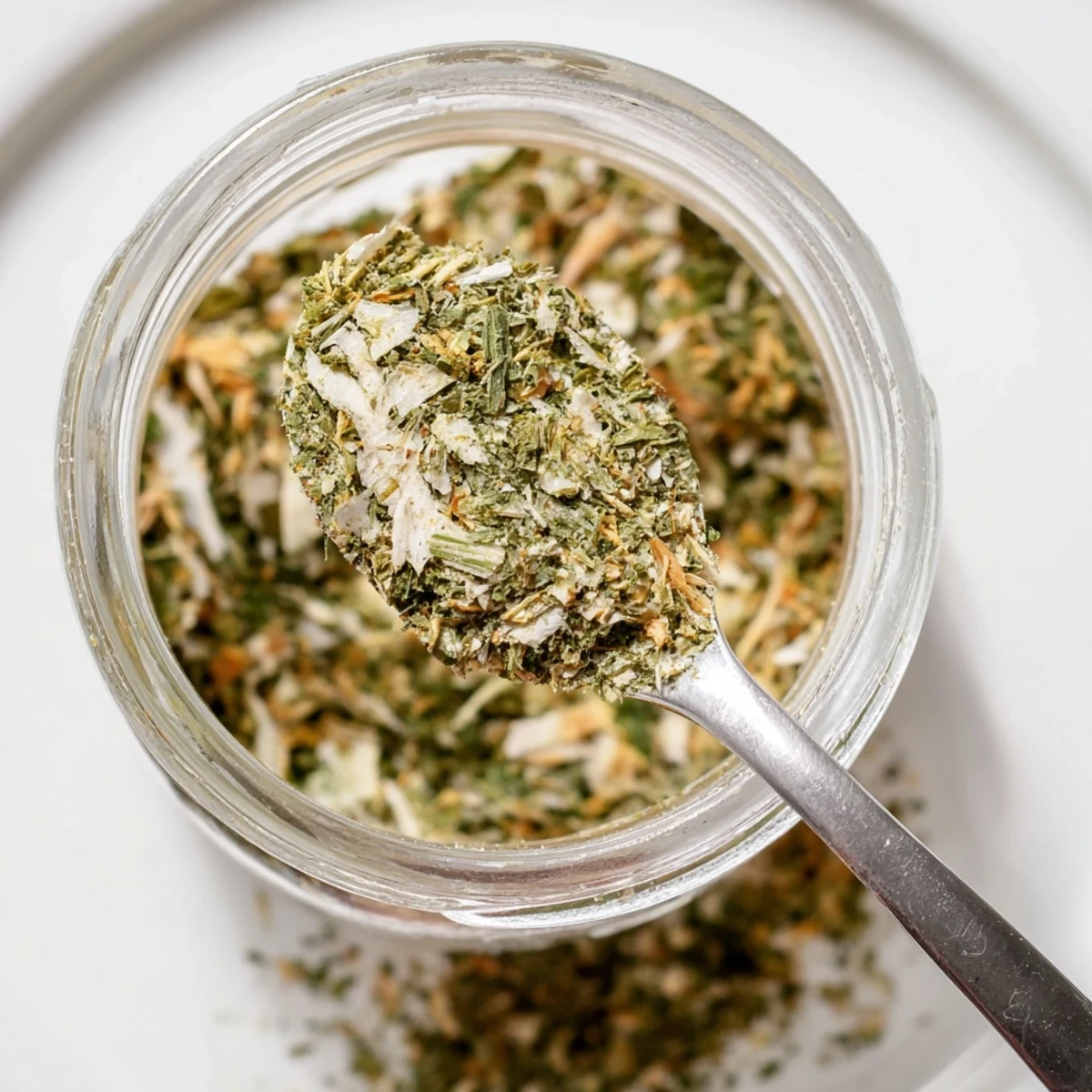 A mason jar of Dehydrated Tzatziki Seasoning Mix beside dried dill and lemon zest on a rustic wooden cutting board