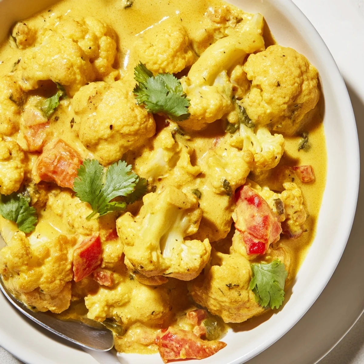 Creamy Greek Yogurt Cauliflower Curry garnished with fresh cilantro in a rustic bowl
