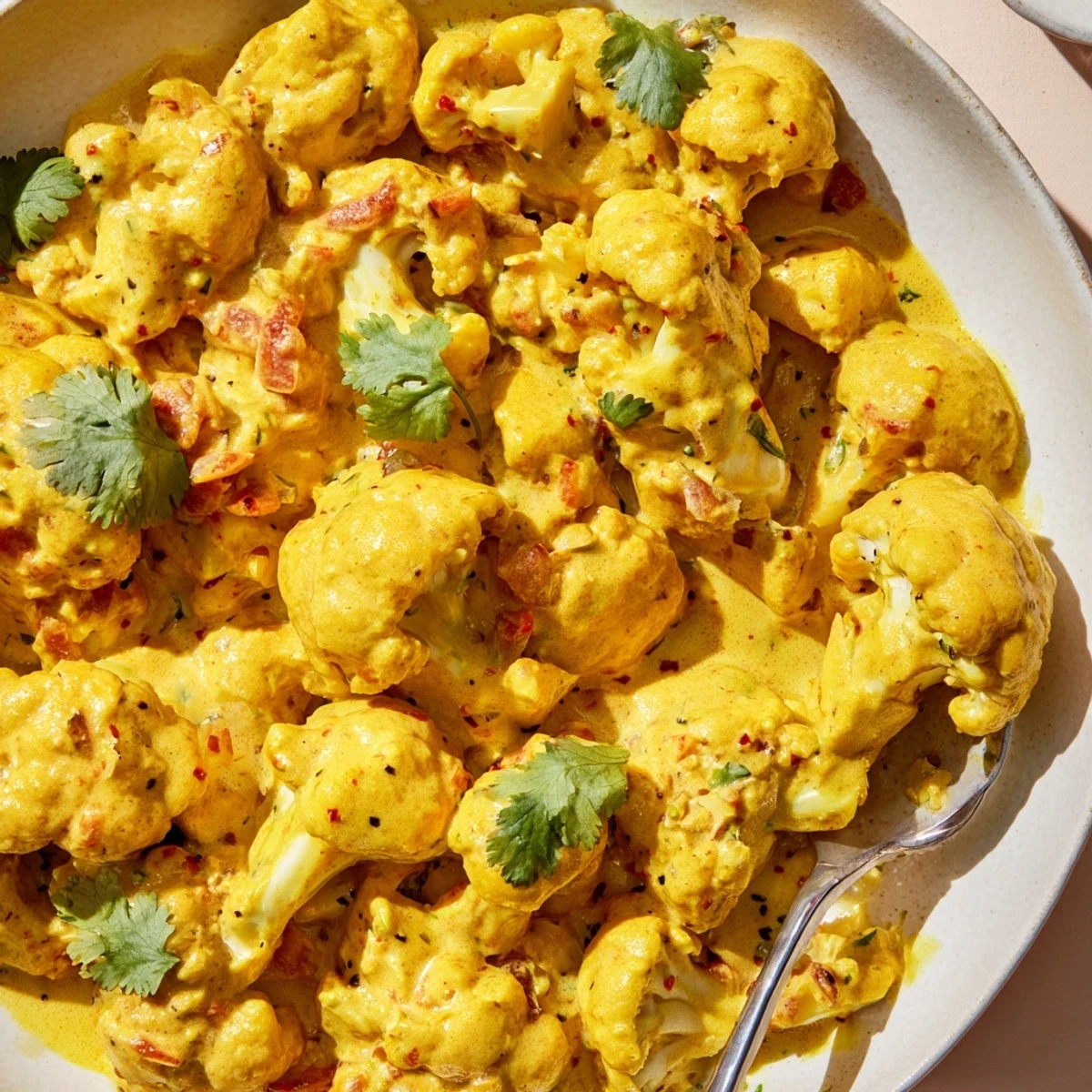Tender cauliflower coated in a velvety Greek Yogurt Cauliflower Curry served over fluffy basmati rice