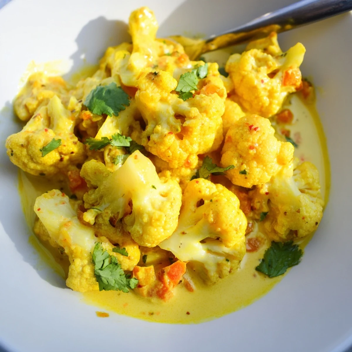 Golden cauliflower florets swimming in a spiced yogurt sauce with fragrant turmeric notes