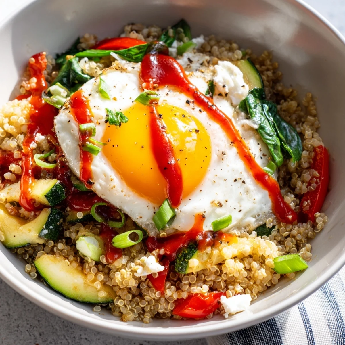 Fluffy savory quinoa breakfast bowl topped with sautéed vegetables and a golden fried egg