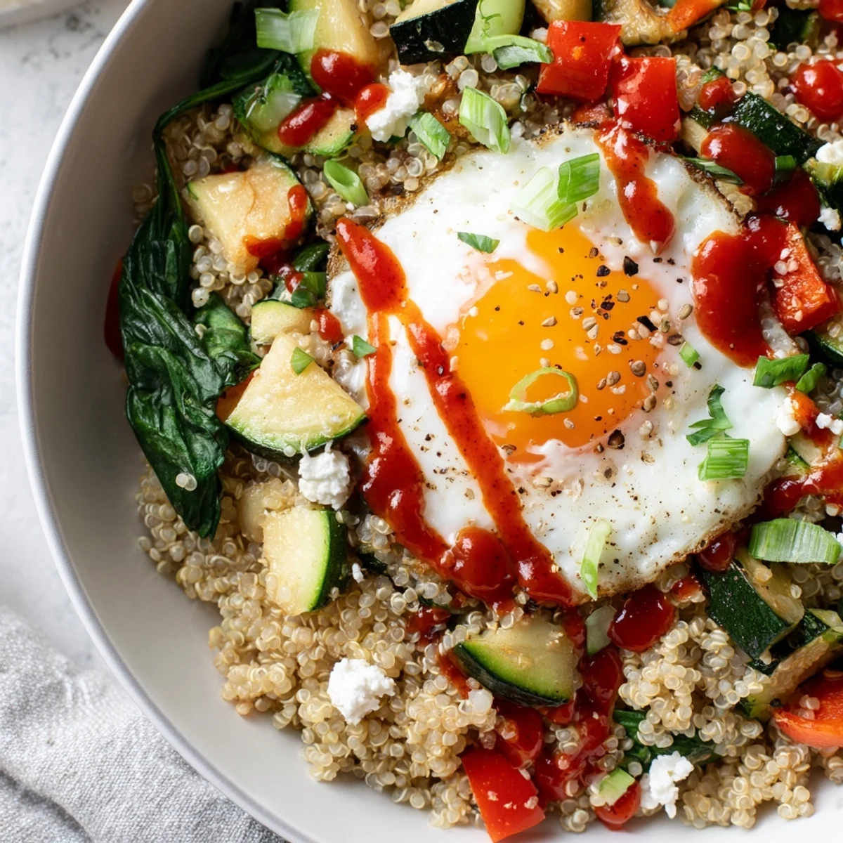 Colorful savory quinoa breakfast bowl with wilted spinach, diced peppers, and crumbled feta