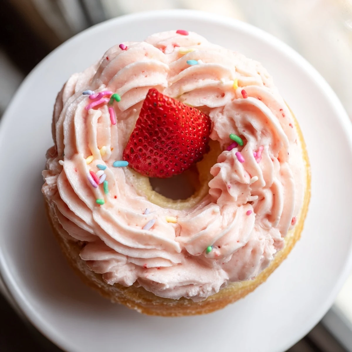 Golden strawberry buttercream frosted donuts arranged on a rustic white baking sheet