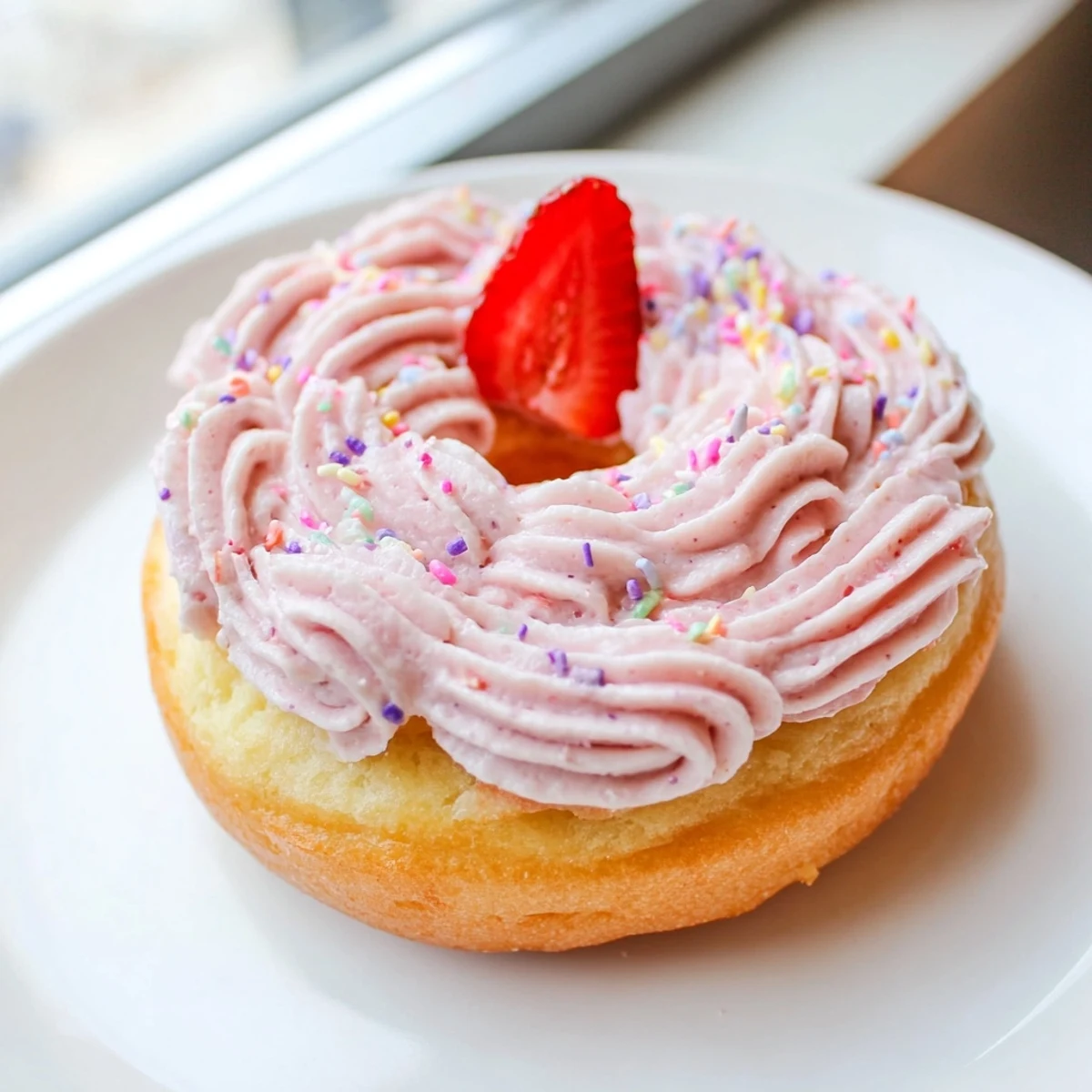 Fresh strawberry buttercream frosted donuts garnished with sliced berries and colorful sprinkles